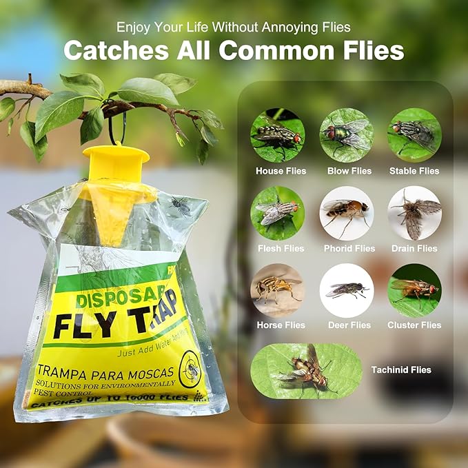 8 Pack Outdoor Hanging Fly Traps, Disposable Flies Killer Trap Bag Catcher with Natural Attractant