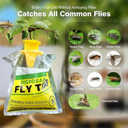 8 Pack Outdoor Hanging Fly Traps, Disposable Flies Killer Trap Bag Catcher with Natural Attractant