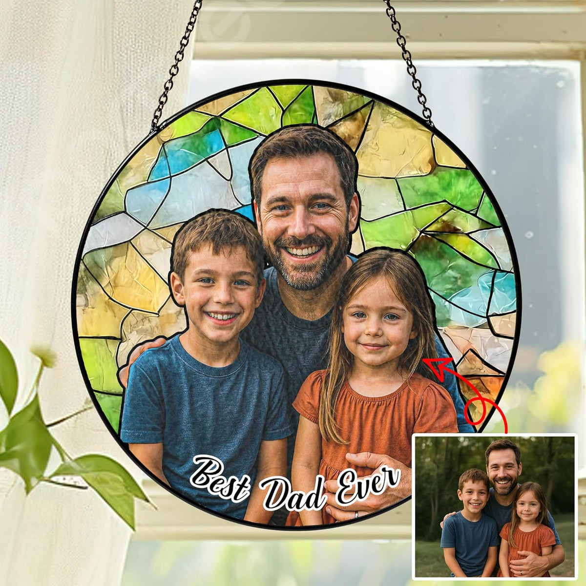 NAZENTI Personalized Dad Stained Glass Suncatcher, Custom Photo Family Portrait Window Hanging