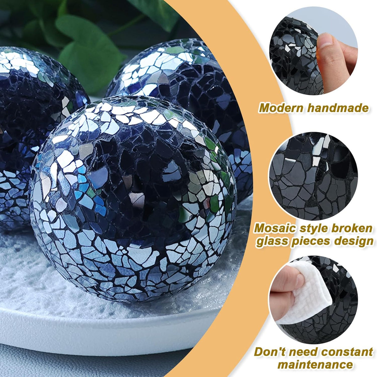 Decorative Balls for Centerpiece Bowls Black Mosaic Glass Orbs Sphere Crack Ball Mirror Globe