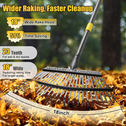 Garden Rake for Leaves: 18” Wide Metal Leaf Rake, 65” Long Adjustable Handle, Heavy Duty 25 Teeth