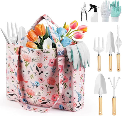 Gardening Tools, 10-Piece Gardening Gift Set for Women, Rust-Proof & Heavy-Duty Tools with Floral