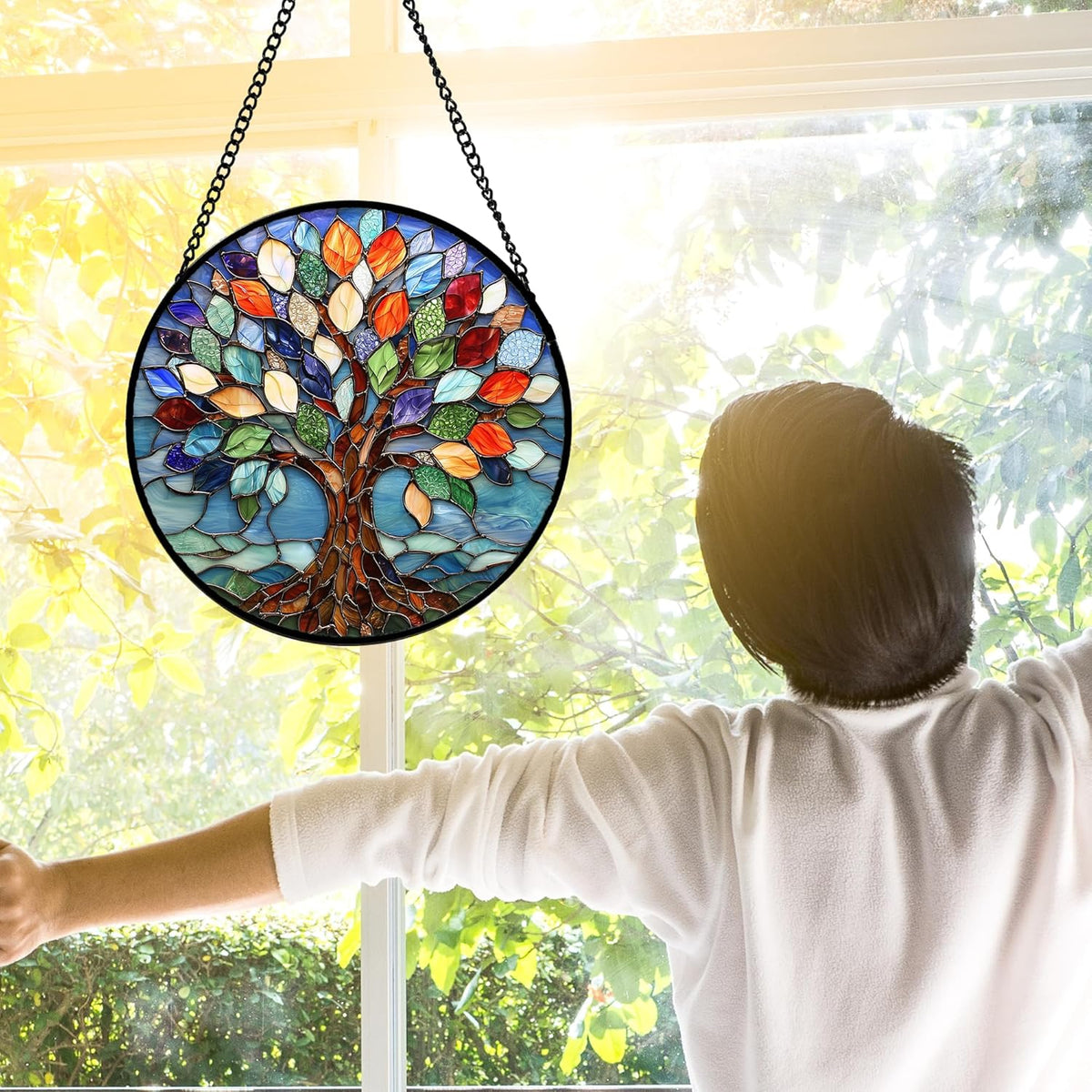 Stained Glass Window Hanging, Colorful Tree of Life Sun Catchers Glass Panel Blue Suncatcher Decor