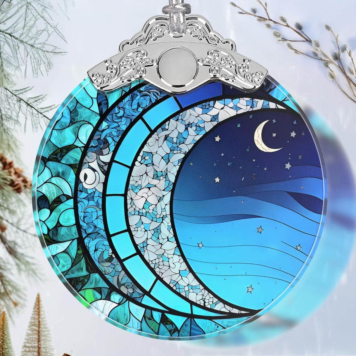 Art Blue Moonlight Stained Glass Orament - Christmas Ornament - Christmas Decorations for Tree