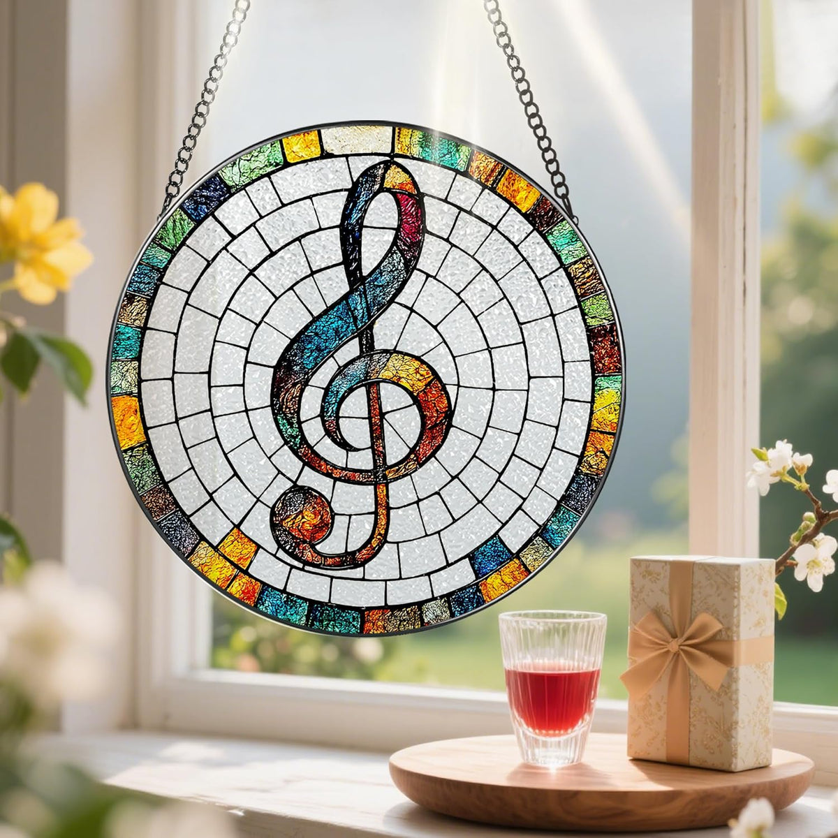 Stained Glass Window Hanging, Pauyadu 8 Inch Musical Stained Glass Suncatcher, Window Decor