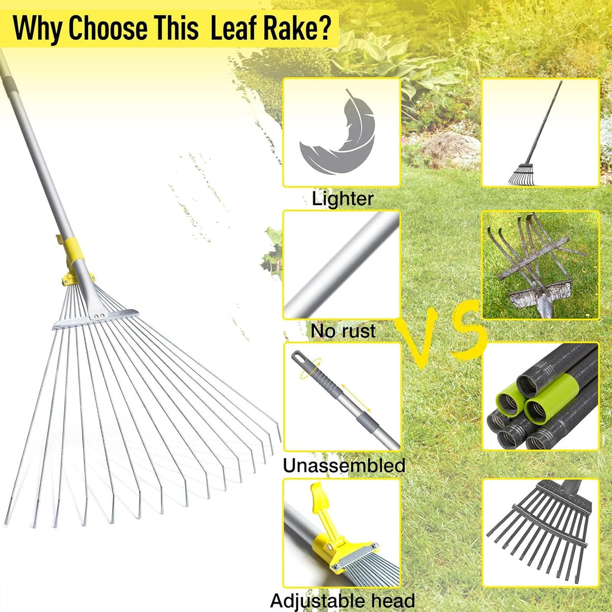 JARDINEER Adjustable Rakes for Leaves, Larger Garden Leaf Rake for Lawns Grass with 7-23"