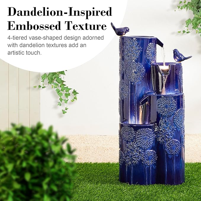 Glitzhome 32" H Outdoor Water Fountain with LED Lights and Pump, 4 Tier Ceramic Cobalt Blue