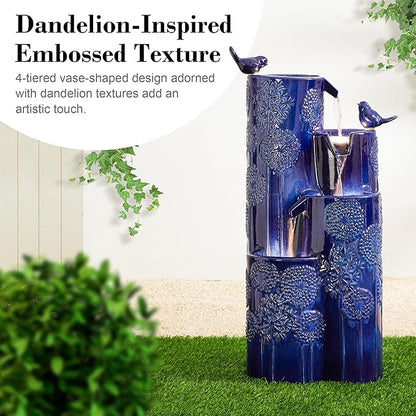 Glitzhome 32" H Outdoor Water Fountain with LED Lights and Pump, 4 Tier Ceramic Cobalt Blue