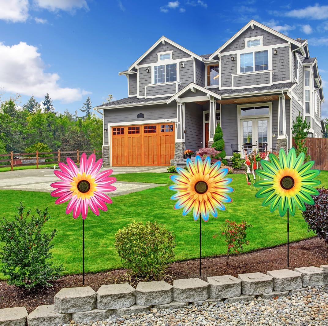3PCS Sunflower Pinwheels Outdoor Wind Spinners, Colorful Flower Windmill Decorative Pinwheel for