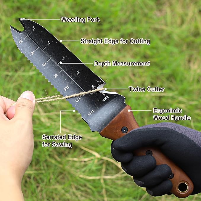 TOPLINE Hori Hori Garden Knife with Oxford Sheath, 7”Stainless Steel Blade with Cutting Edge