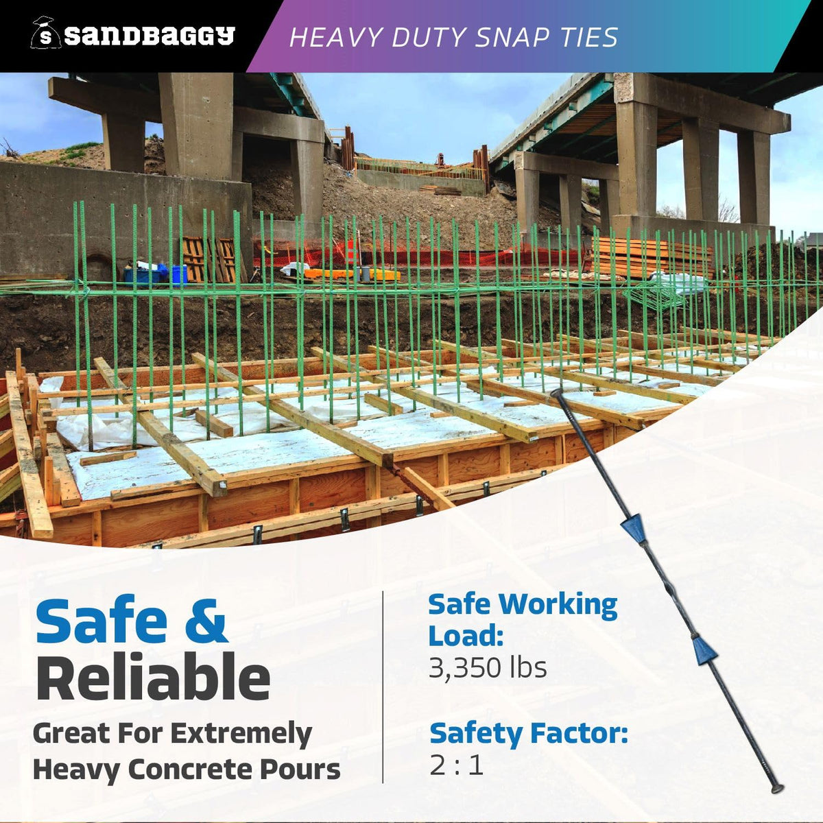 8" x 4 ¾" Heavy Duty Snap Ties for Concrete Forms - 3,350 lbs Safe Working Load (2:1 Safety Factor)