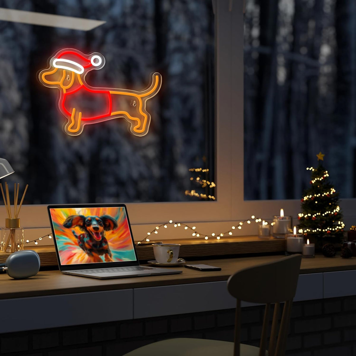 Dimmable Dachshund Neon Sign - Cute Dog with Christmas Hat - Led Light Sign for Home, Bedroom