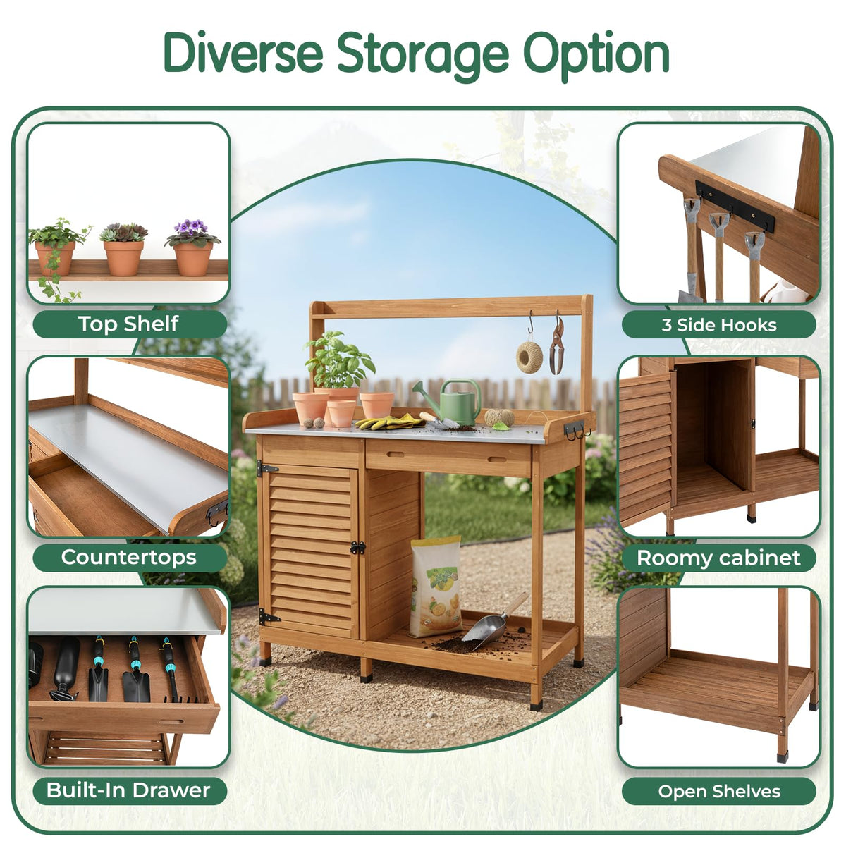Potting Bench Table Work Bench with Storage Cabinet Outdoor Wooden Garden Workstation with Metal