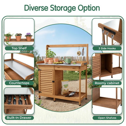 Potting Bench Table Work Bench with Storage Cabinet Outdoor Wooden Garden Workstation with Metal