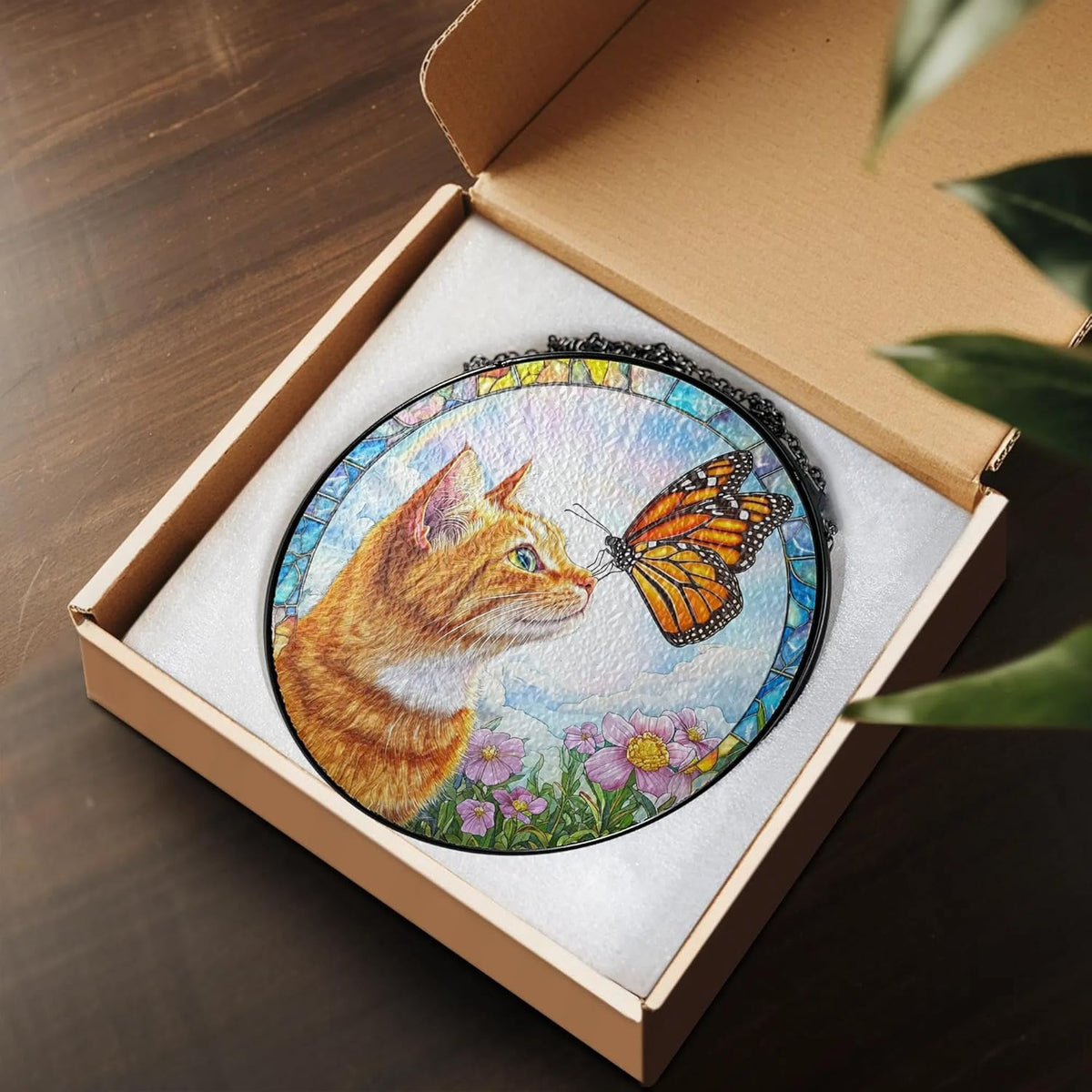 Orange Cat Gifts, Cat Memorial Suncatcher Gift for Loss of Cats, Butterfly Stained Glass Suncatcher