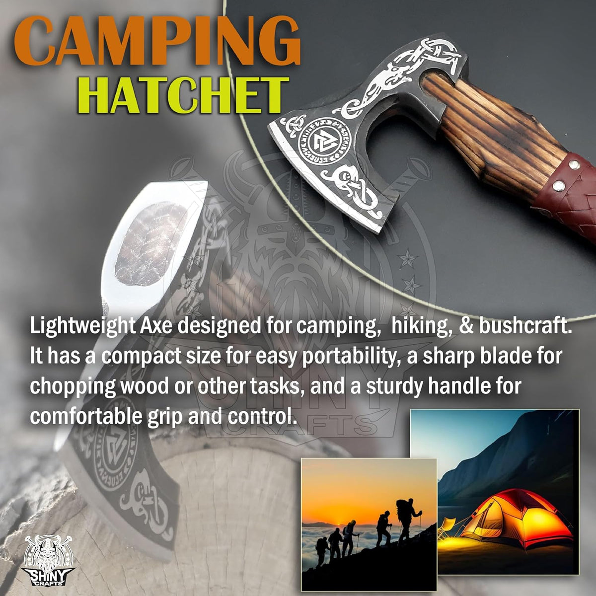 SHINY CRAFTS® Handcrafted Decorative Viking Axe with Leather-Wrapped Handle & Sheath – Engraved