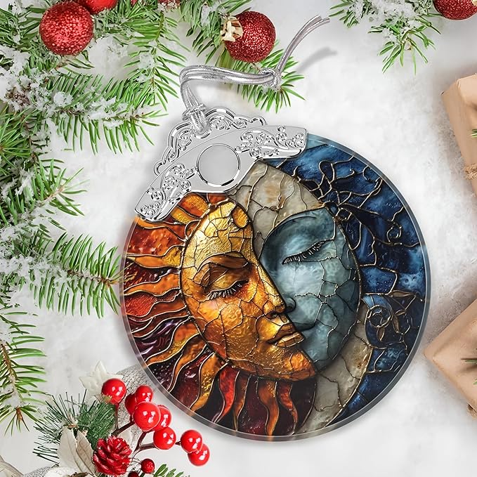 Stained Glass Suncatcher Ornament - Sun and Moon Christmas Decorations - Christmas Ornaments for