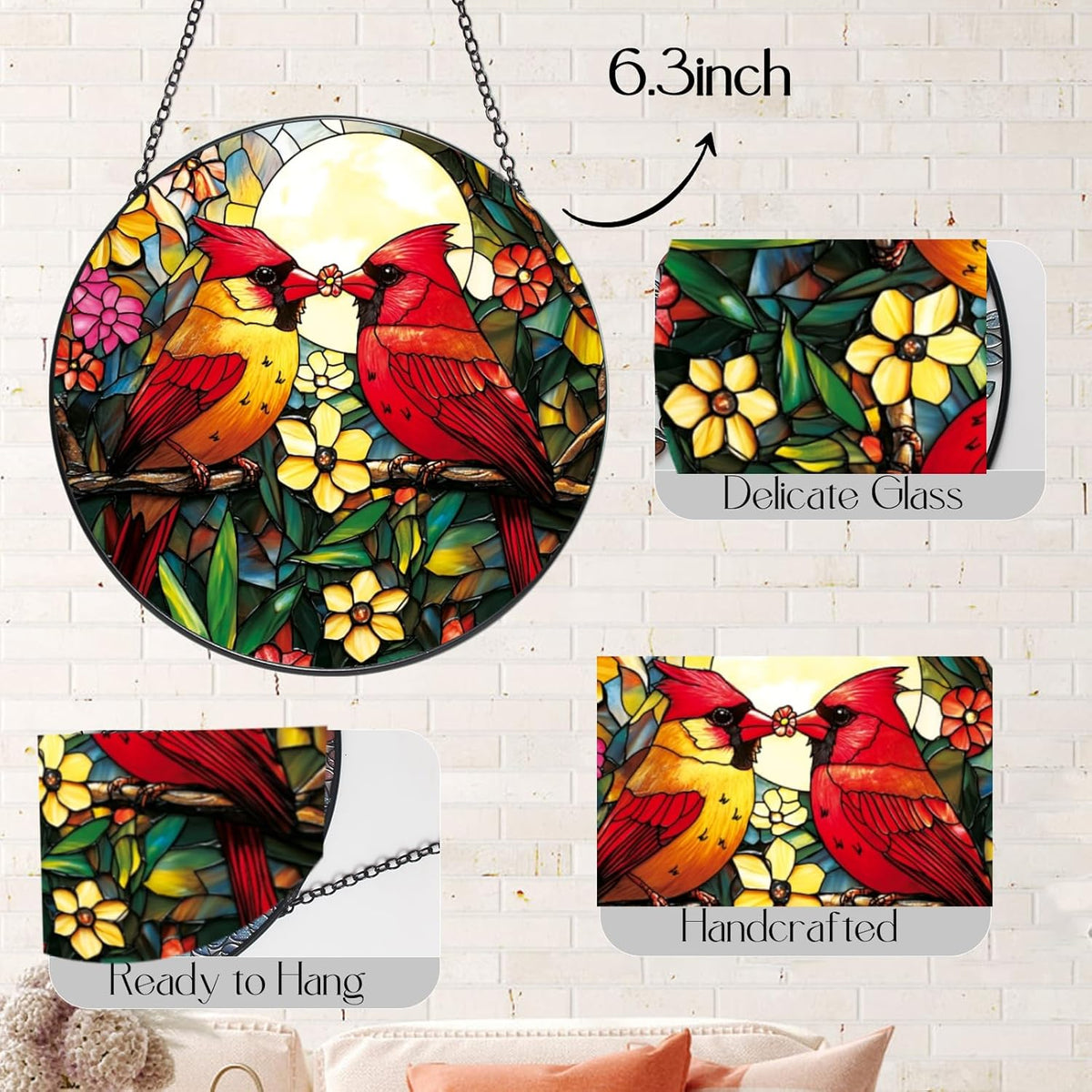 Cardinal Stained Glass Suncatcher - Red Bird Sun Catcher, Painted Glass Panel Decor, Sun Catchers