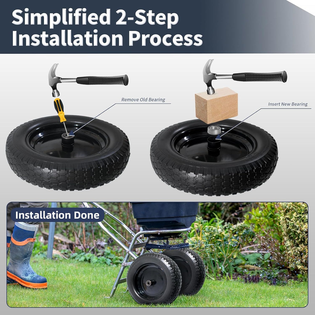 Wheelbarrow Tire 4.80/4.00-8 Flat Free Solid Tire Wheel 14.5 Inch, Replacement Heavy Duty Wheel
