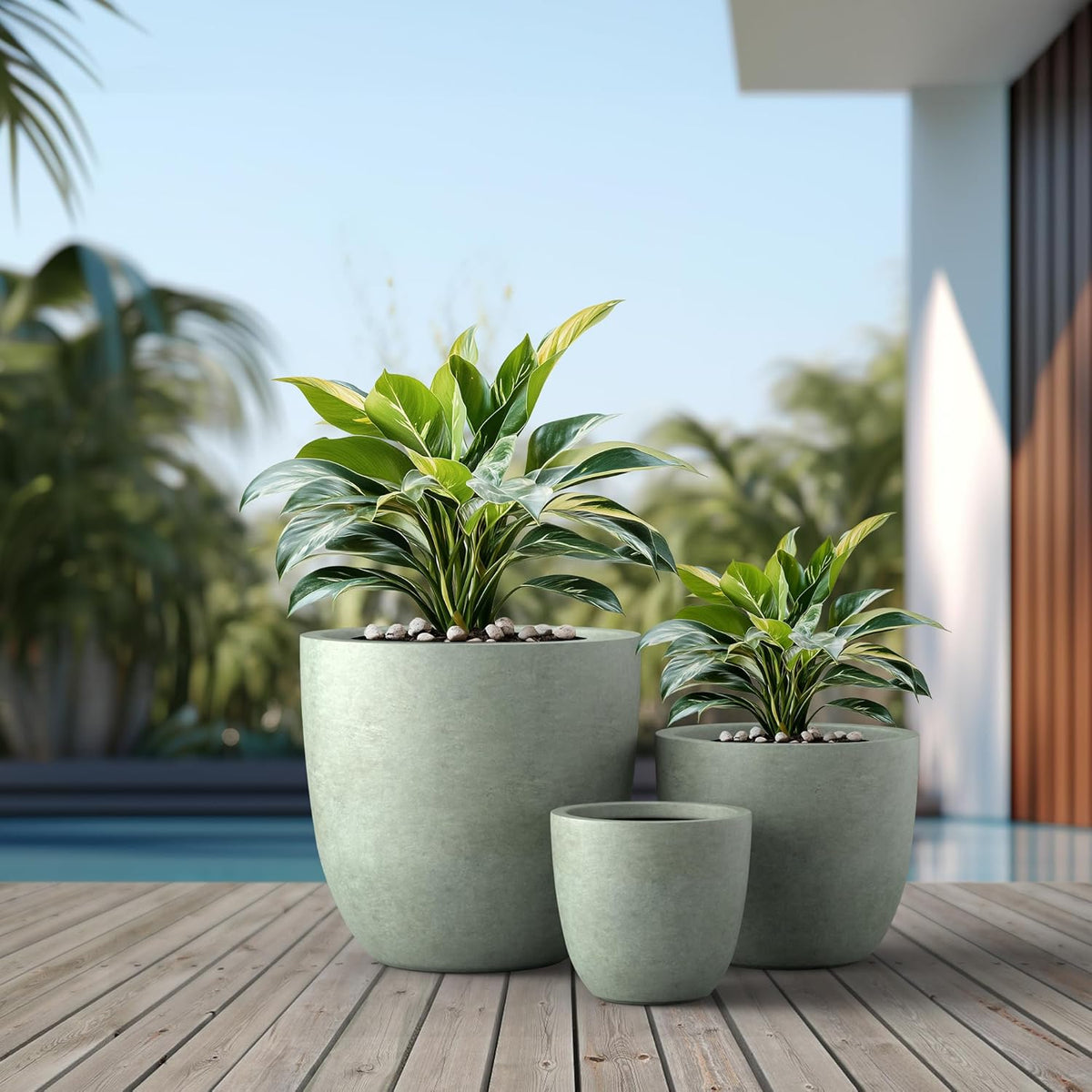 Kante 18",14",10" Dia Concrete Round Planters (Set of 3), Outdoor Indoor Large Planter Pots with