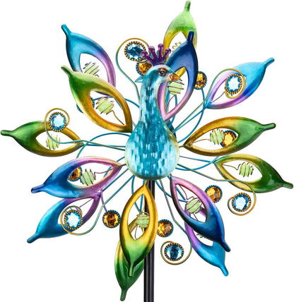 DREAMYSOUL Outdoor Peacock Wind Spinners with Gem Decor, 13" D*65" H Double Sided Kinetic Wind
