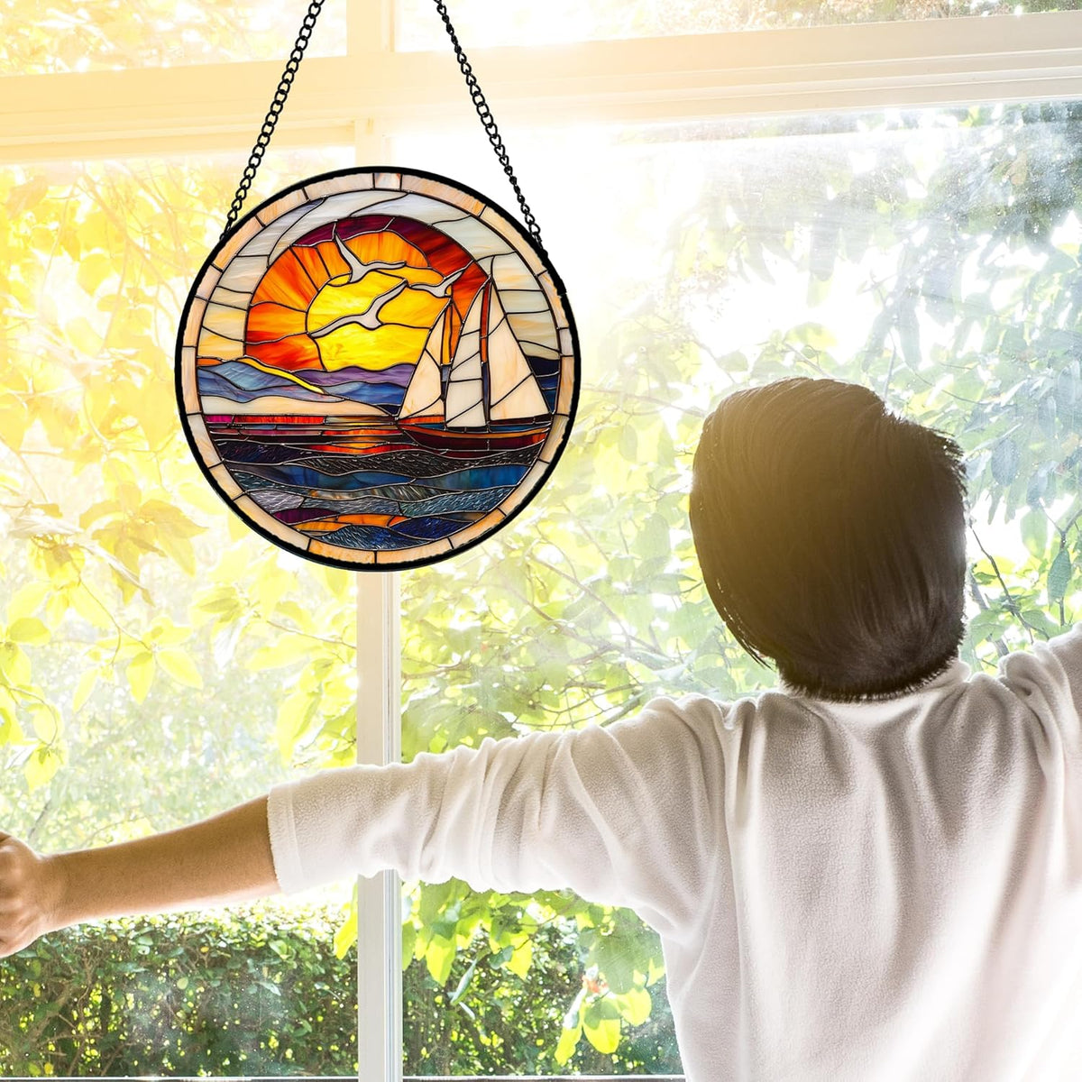 Stained Glass Window Hanging, Sun Ocean Sailboat Seagull Abstract Suncatcher Diamond Glass Panel