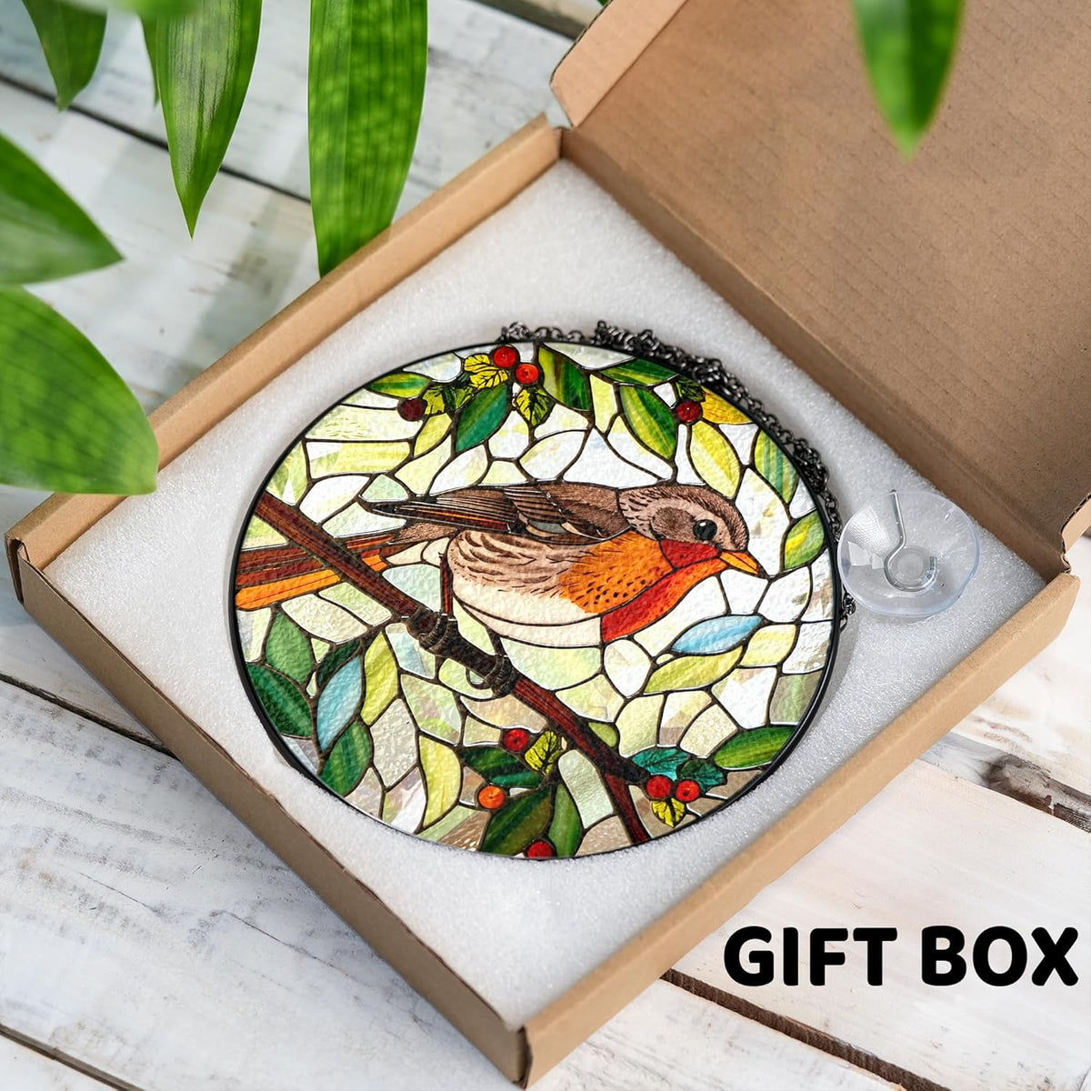 7.8" Robin Stained Glass Suncatcher, Bird for Window Hanging, Suncatcher Art Decor for Home Garden