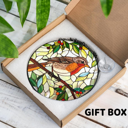 7.8" Robin Stained Glass Suncatcher, Bird for Window Hanging, Suncatcher Art Decor for Home Garden