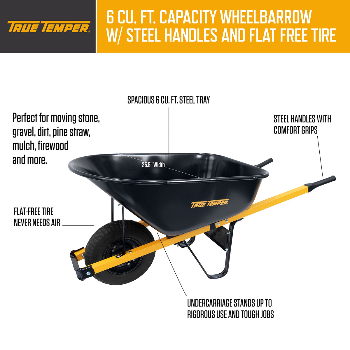True Temper Steel Wheelbarrow with Never Flat Tire & Steel Handles, 6 Cu. Ft
