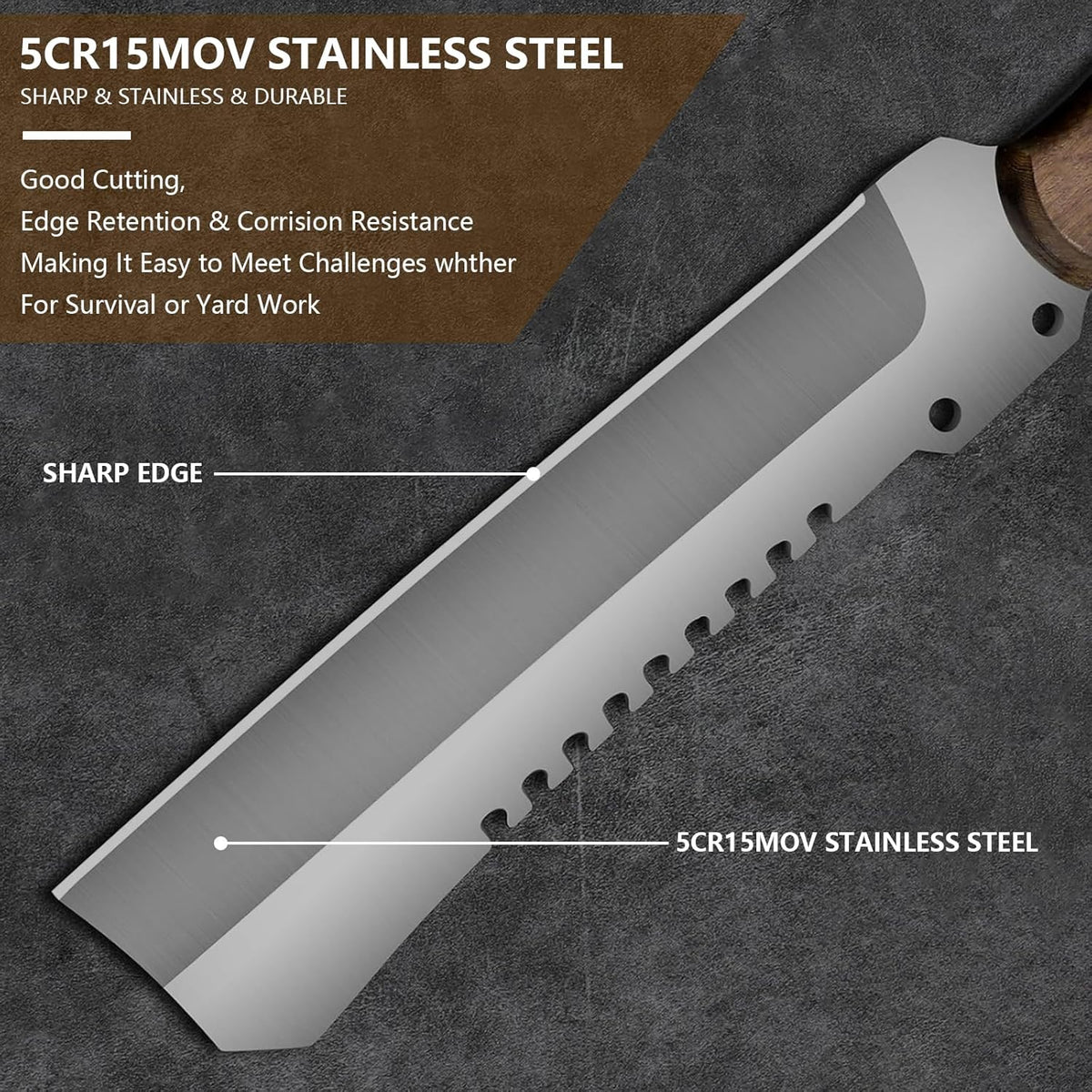 Machete w Sheath for Yard Work, 15'' Full Tang Camping Machete for Cutting Trees Heavy Duty