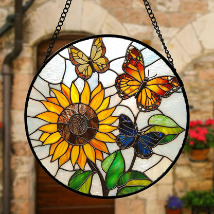 Stained Glass Window Hanging, Butterfly and Sunflowers Sun Catchers Glass Panel Plant Insects