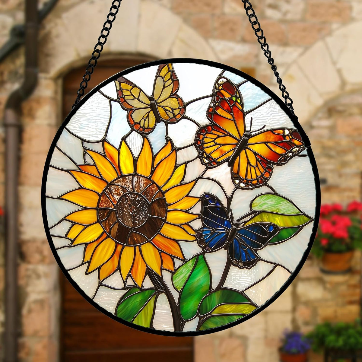 Stained Glass Window Hanging, Butterfly and Sunflowers Sun Catchers Glass Panel Plant Insects