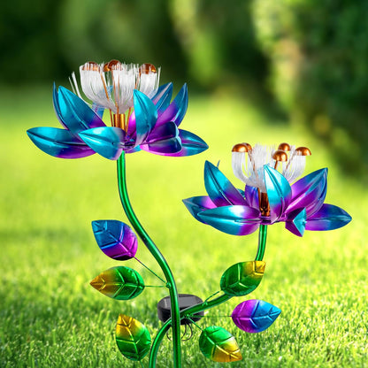 55'' Solar Powered Kinetic Wind Spinner Sculpture Blue Lotus Metal Stake Spinner for Patio, Lawn