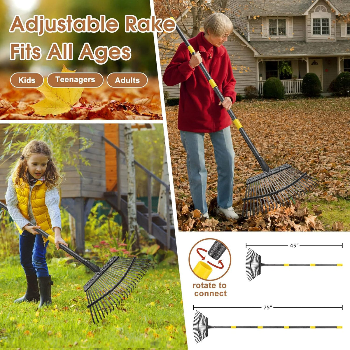 Leaf Rake 18” Wide Heavy Duty Metal 25 Tines Garden Rake Set with 30-75” Adjustable Long Handle for