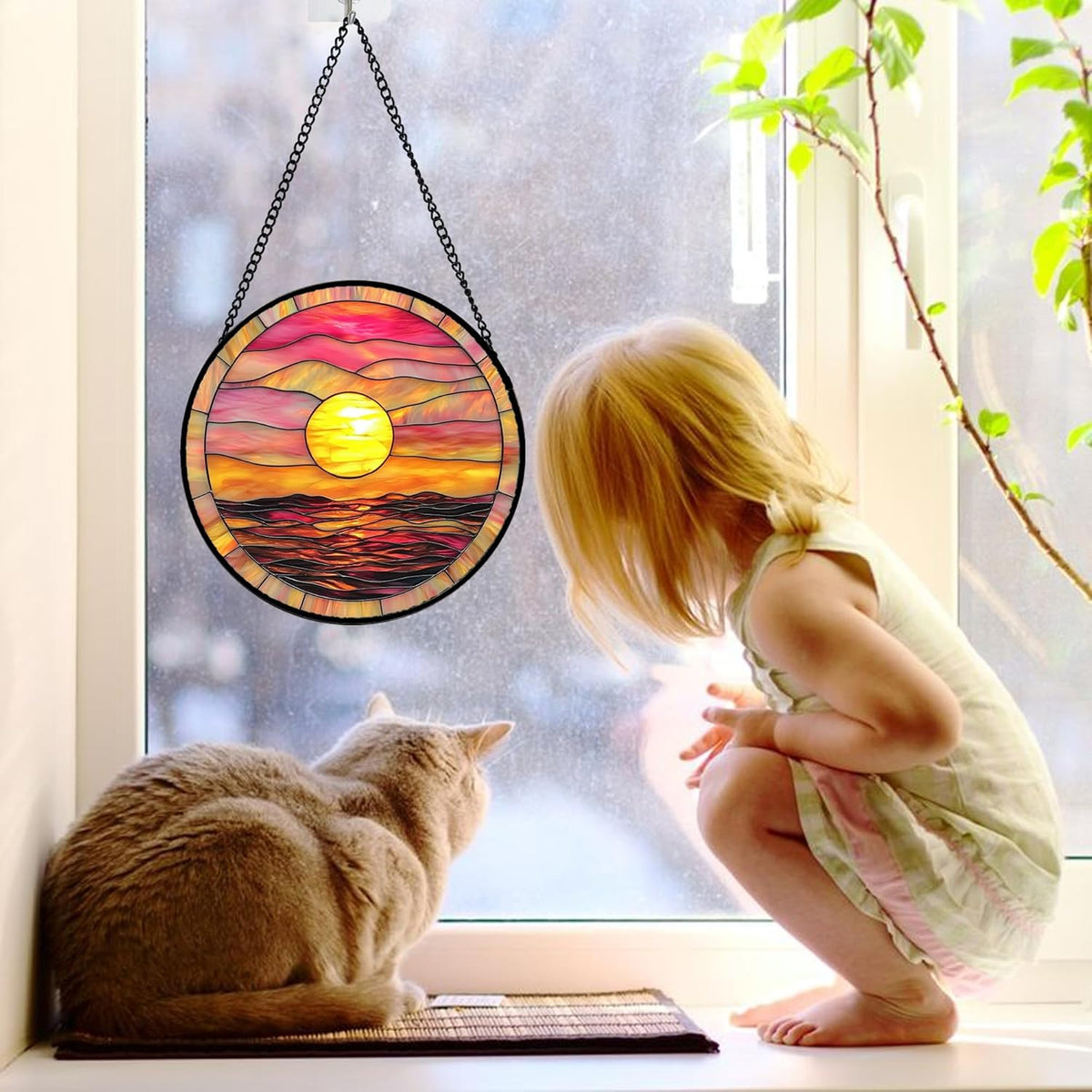 Stained Glass Window Hanging, Sunrise Sea Surface Sun Catchers Diamond Glass Panel Hangings