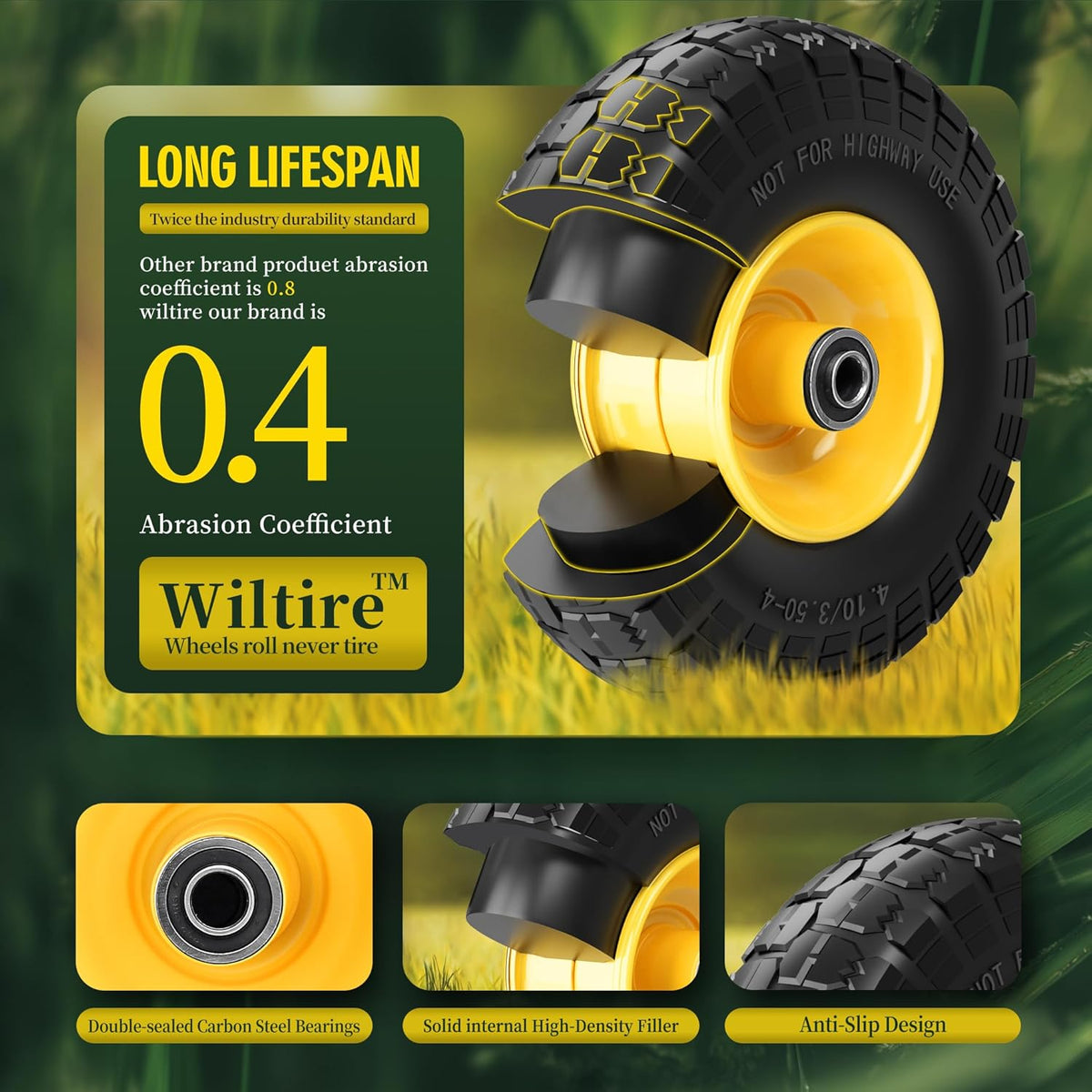 (2 Pack) 4.10/3.50-4 Flat Free Tire and Wheel 10-Inch Solid Wheel Replacement with 5/8