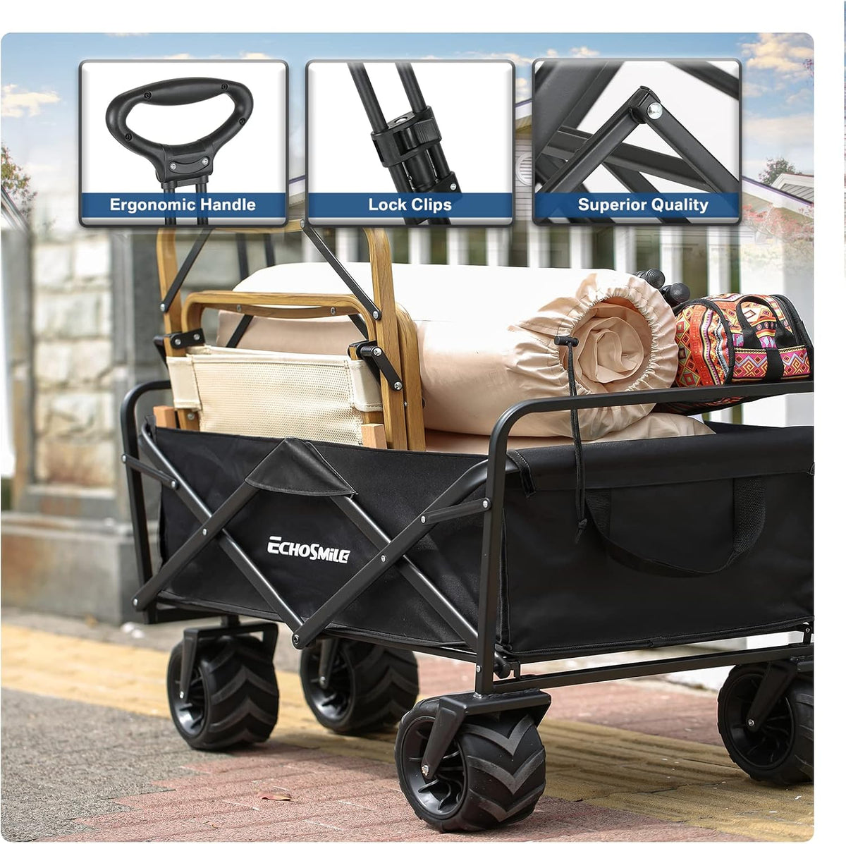EchoSmile Heavy Duty 350 Lbs Capacity Collapsible Wagon, Outdoor Folding Camping Wagons, Grocery