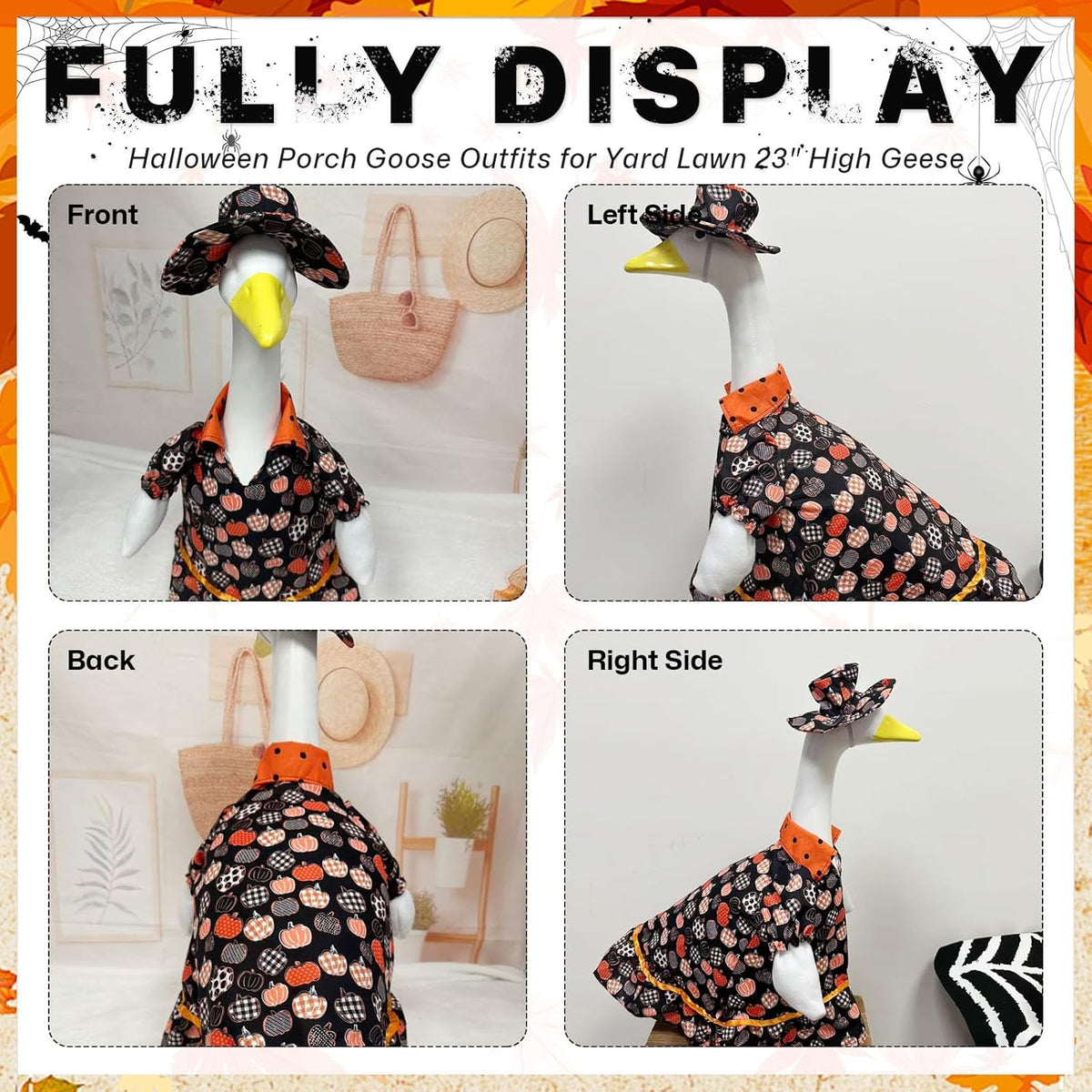 Halloween Porch Goose Outfit Set for 23'' Plastic Statue Lawn Porch Goose Clothes with Fall Pumpkin