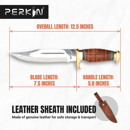 Hunting Knife with Sheath - 12.5" Fixed Blade Knife with Leather Handle & Sheath - 59-60 HRC Rated