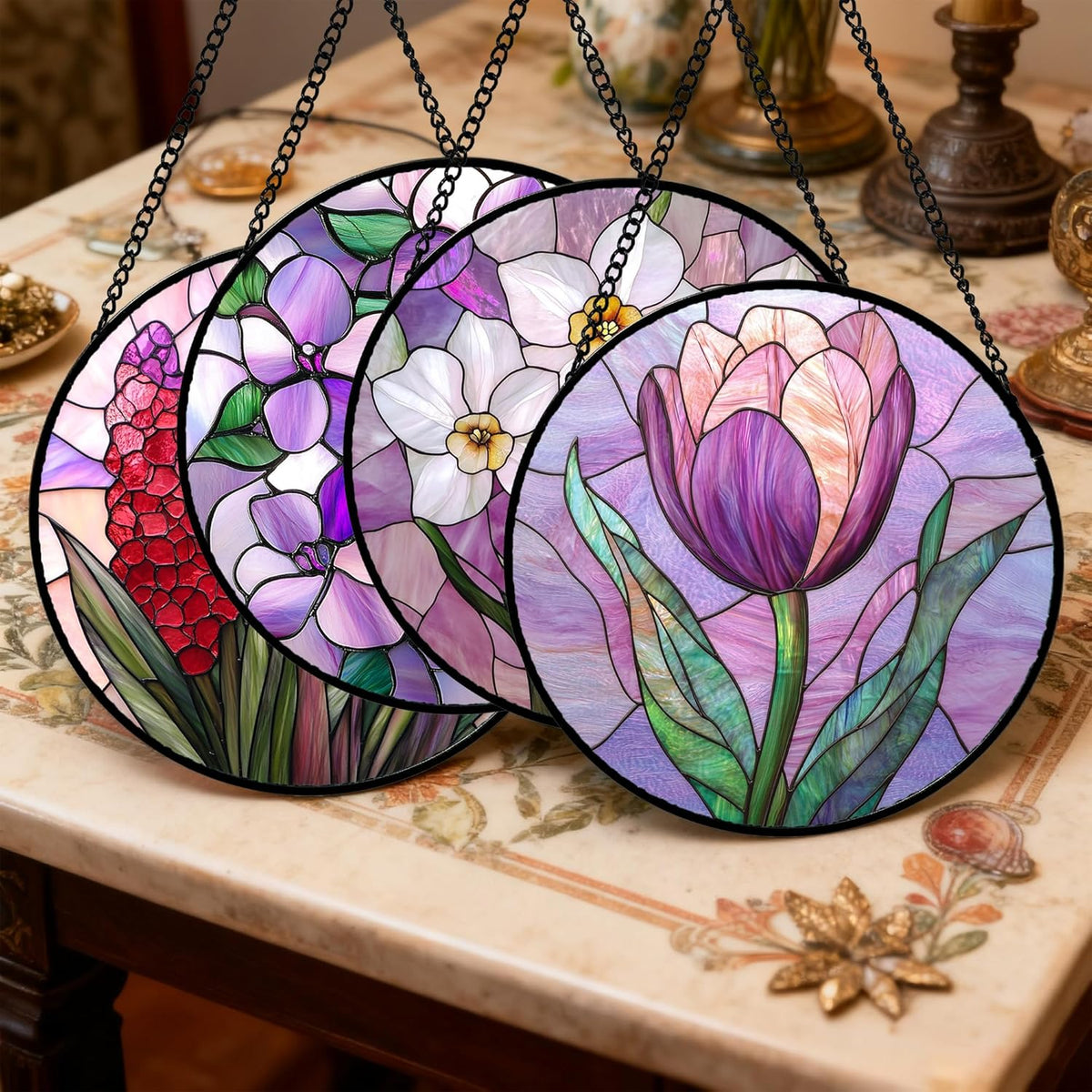 Stained Glass Window Hanging 4 Pcs Set Purple Flower Theme Large 11.8" - Tulip Suncatcher Door