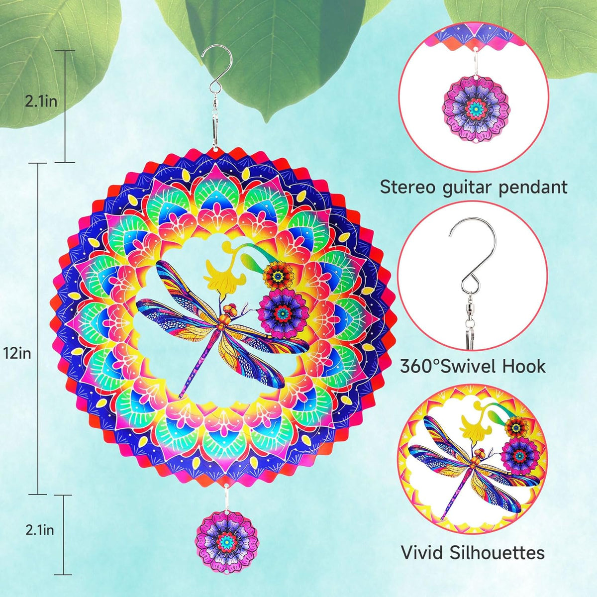 Dragonfly Mandala Wind Spinners Garden Yard Decor Gift for Women Men, 12 Inch Outdoor Metal 3D Wind