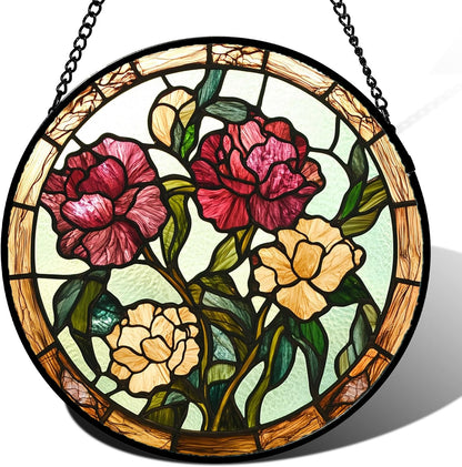 Stained Glass Window Hanging - Birth Flower Carnation Suncatcher for Doors Garden Yard Red Yellow