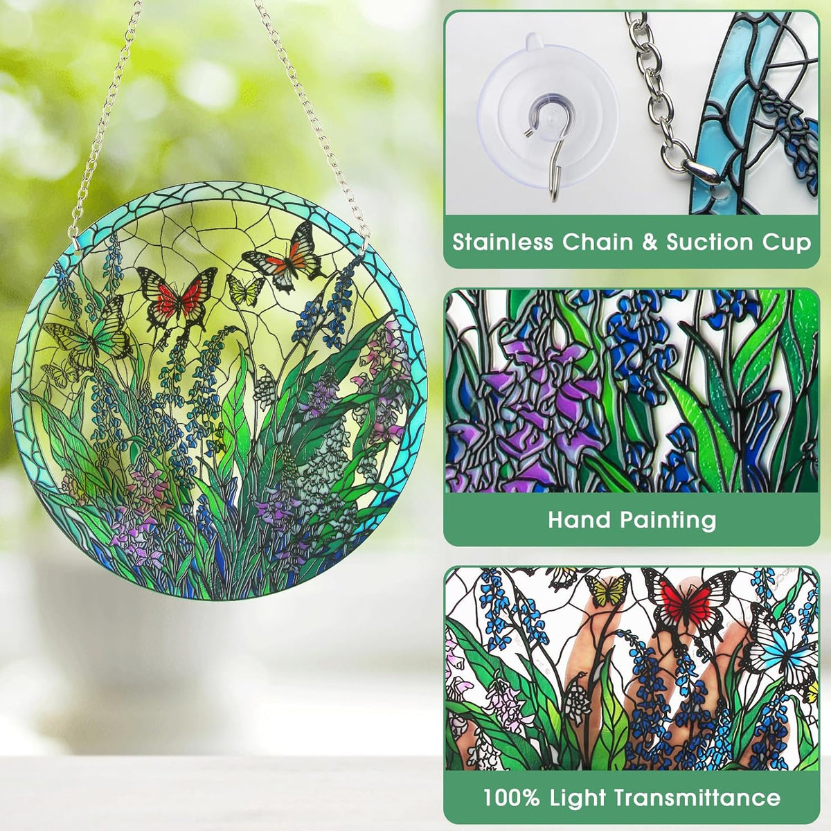 Stained Glass Window Hanging, Hand-Painted Butterfly and Flowers Suncatcher, 6 Inch Round Glass