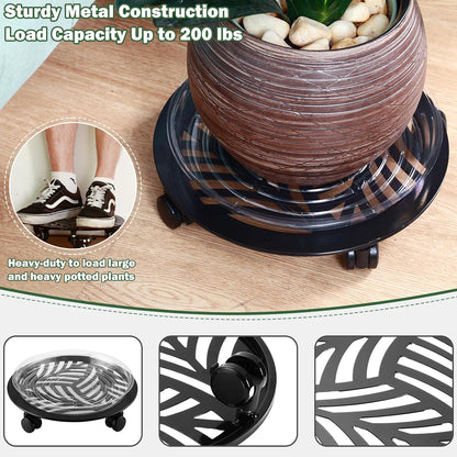 5 Packs Large Metal Plant Caddy with PU Wheels 12" Heavy-Duty Wrought Iron Rolling Plant Stands