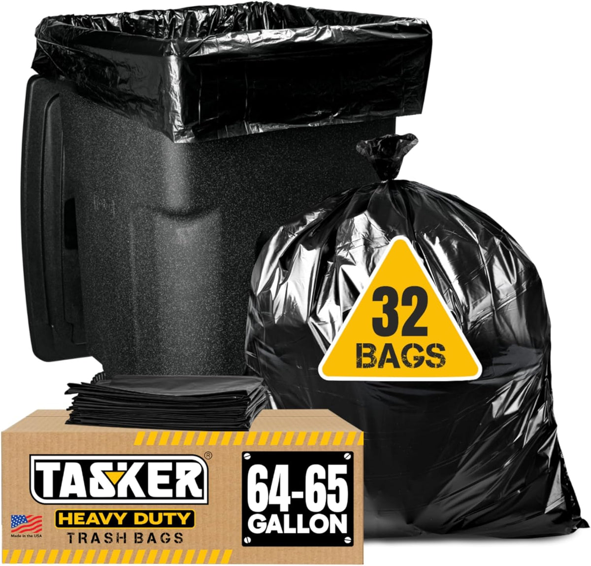 Tasker 65 Gallon Trash Bags for Toter, (Value-Pack 32 Count w/Ties) Extra Large 64 Gallon Heavy