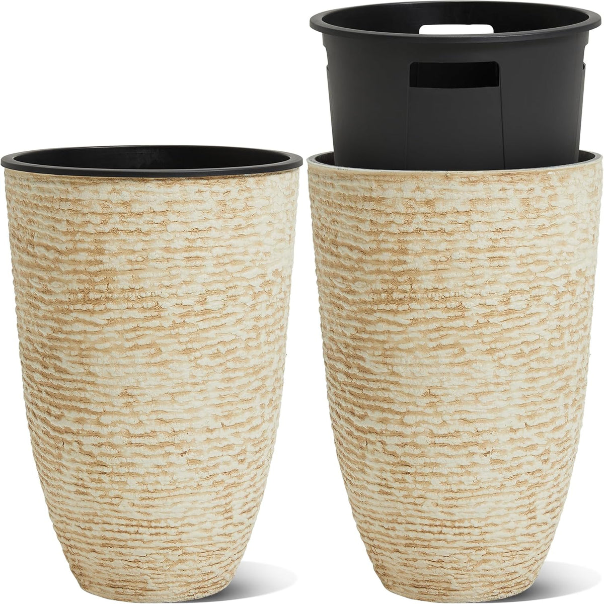 WORTH Garden 2-Pack 21" H. Beige Tall Planters with Inside Pots - 14'' Dia Plastic Large Round
