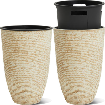 WORTH Garden 2-Pack 21" H. Beige Tall Planters with Inside Pots - 14'' Dia Plastic Large Round