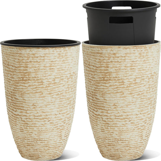 WORTH Garden 2-Pack 21" H. Beige Tall Planters with Inside Pots - 14'' Dia Plastic Large Round