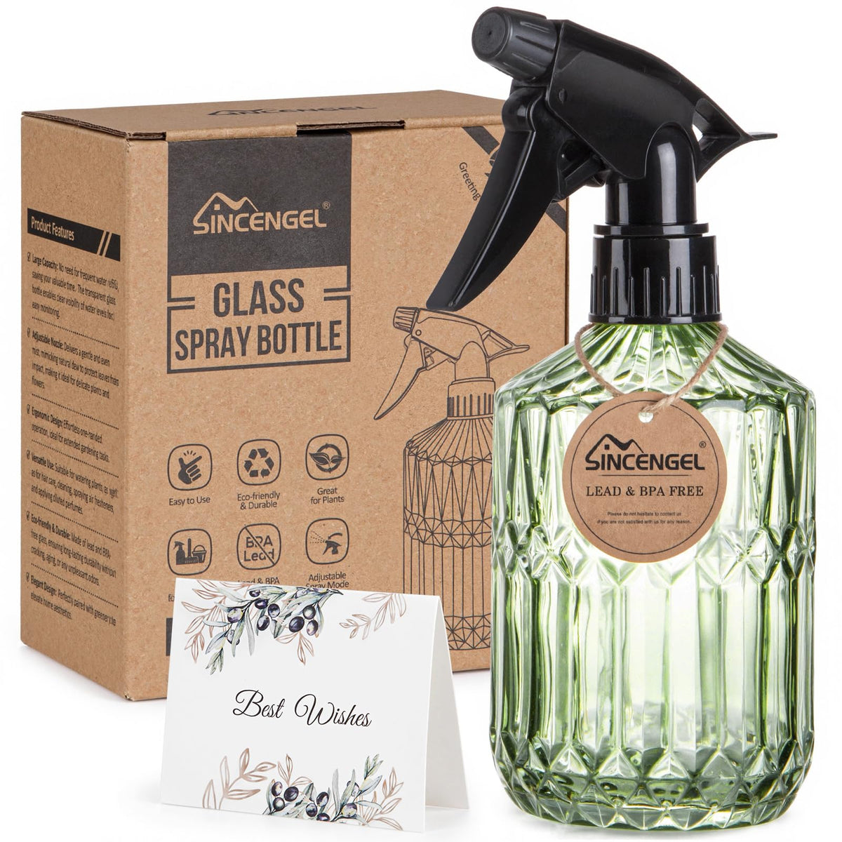 Sincengel Glass Plant Mister Bottle - 13.5 oz Refillable Leak Proof Water Spray Bottle for Indoor