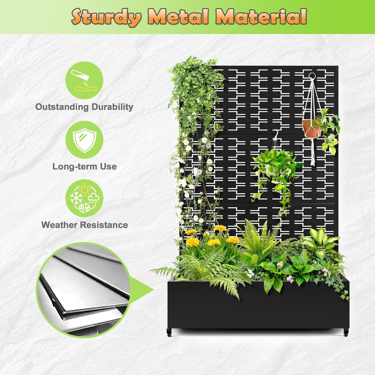 Metal Raised Garden Bed with Trellis, 2-in-1 Planter Box & Privacy Screen for Climbing Plants